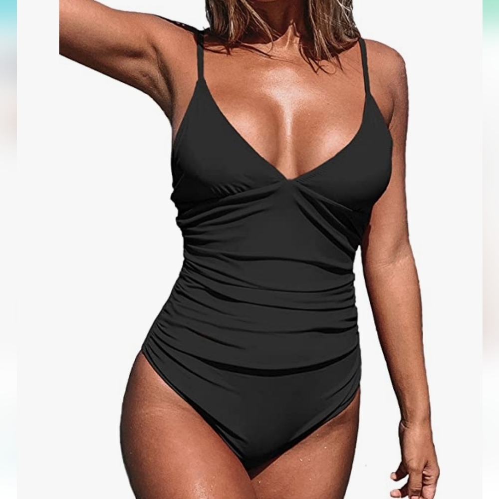 Sexy black one piece v neck adjustable straps‎ shirring hides tummy SZ M black